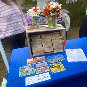 Table with blue tablecloth and packets of seeds